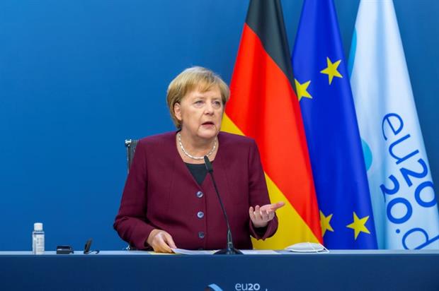 German chancellor Angela Merkel speaks to the press during the second day of the two-day summit in Brussels: Merkel has publicly backed a 55% emissions cut by 2030. Photo: European Union